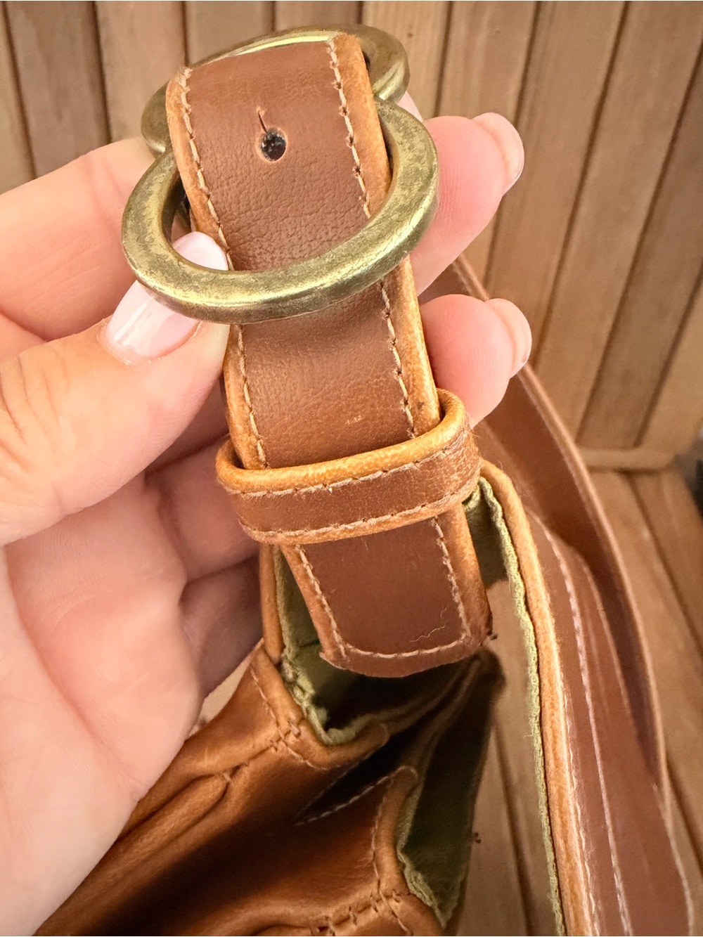 LC Lauren Conrad Vintage Leather Crossbody Bag, Cognac Patina, Green Interior - Picture 11 of 11